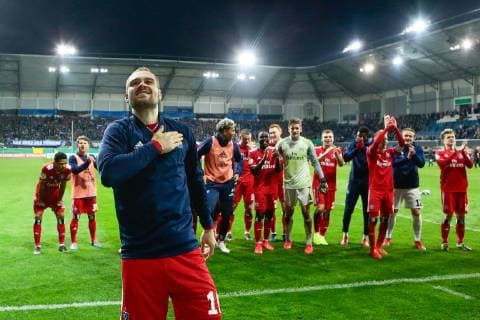Sport Bilder des Tages 02.04.2019, xtgx, Fussball DFB Pokal 1 4 Finale, SC Paderborn - Hamburger SV emspor, v.l. Pierre-Michel Lasogga (Hamburger SV, 10) Jubel über den Sieg, Jubel nach Spielende (DFL DFB REGULATIONS PROHIBIT ANY USE OF PHOTOGRAPHS as IMAGE SEQUENCES and or QUASI-VIDEO) Paderborn