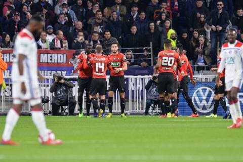Joie de Mbaye Niang (rennes) et de sse coequipiers FOOTBALL : Lyon vs Rennes - 1 2 finale de Coupe de France - 02 04 2019 FredericChambert Panoramic 