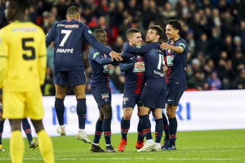 joie des joueurs du PSG apres le but de VERRATTI Marco (PSG) FOOTBALL : PSG vs Nantes - 1 2 finale Coupe de France - Paris - 03 04 2019 JBAutissier Panoramic 
