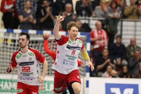 Jakob Schwabe (ASV Hamm-Westfalen 11) jubelt nach Torerfolg, ASV Hamm-Westfalen vs EHV Aue, Handball, 2. Bundesliga, 05.04.2019, ASV Hamm-Westfalen vs EHV Aue, Handball, 2. Bundesliga, 05.04.2019 Hamm Copyright: xEIBNER JanxStrohdiekx EP_JSK