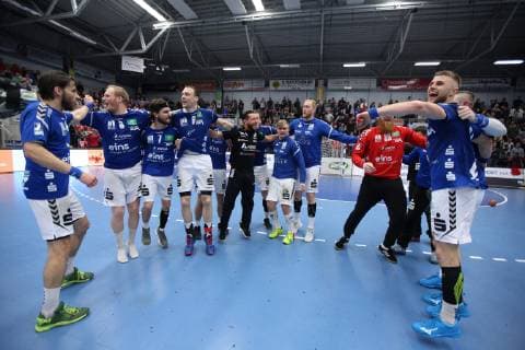 Jubel bei EHV Aue, ASV Hamm-Westfalen vs EHV Aue, Handball, 2. Bundesliga, 05.04.2019, ASV Hamm-Westfalen vs EHV Aue, Handball, 2. Bundesliga, 05.04.2019 Hamm Copyright: xEIBNER JanxStrohdiekx EP_JSK