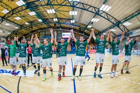 Jubel bei DJK Rimpar Wölfe nach 21:26 Sieg waehrend der Begegnung in der Handball 2. Bundesliga (Herren) - Saison 2018-2019 zwischen Dessau-Rosslauer HV 06 und DJK Rimpar Wölfe in der Anhalt Arena am 5. April 2019 in Dessau-Rosslau, Sachsen Anhalt, Deutschland