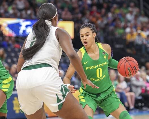 April 5, 2019 - Tampa, Florida, U.S. - DIRK SHADD Times.Oregon Ducks forward Satou Sabally (0) drives the ball to the lane as Baylor Lady Bears center Kalani Brown (21) steps in her way during the second half of their NCAA College League USA Women s Final Four semi-final game Friday, April 5, 2019 in Tampa. Florida News - April 5, 2019 - ZUMAs70_ 90531598st Copyright: xDirkxShaddx