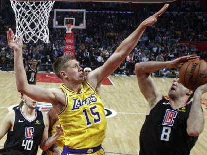 April 5, 2019 - Los Angeles, California, U.S - Los Angeles Clippers Danilo Gallinari (8) drives to the basket and shoots while defended by Los Angeles Lakers Moritz Wagner (15) during an NBA Basketball Herren USA basketball game between Los Angeles Clippers and Los Angeles Lakers, Friday, April 5, 2019, in Los Angeles. NBA 2019: Lakers 122:117 Clippers - ZUMAc68_ 20190405_zaf_c68_035 Copyright: xRingoxChiux