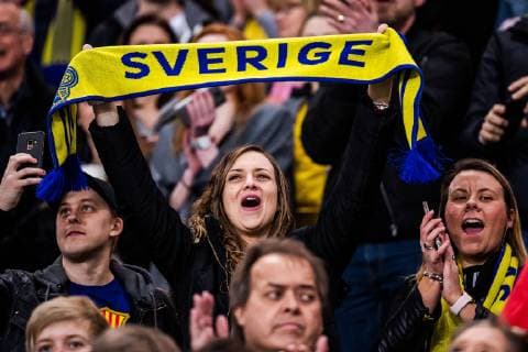 190406 Supporters of Sweden during the women s International Friendly Länderspiel football match between Sweden and Germany on April 6, 2019 in Stockholm. Copyright: JONATHANxNÄCKSTRAND BB190406JN014