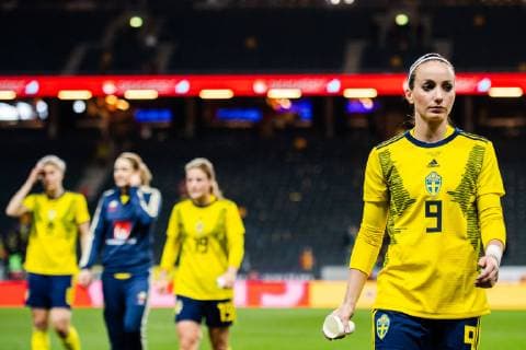 190406 Kosovare Asllani of Sweden looks dejected after the women s International Friendly Länderspiel football match between Sweden and Germany on April 6, 2019 in Stockholm. Photo: Joel Marklund BILDBYRAN kod JM 87921 Copyright: JOELxMARKLUND BB190406JM053