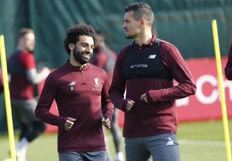 8th April 2019, Melwood, Liverpool, England; Liverpool training session ahead of their Champions League fixture against FC Porto; Mohamed Salah and Dejan Lovren during Liverpool s open training session at Melwood ahead of tomorrow night s Champions League quarter final first leg versus FC Porto  ActionPlus12122189 AlanxMartin