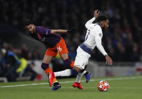 Danny Rose of Tottenham skips past Riyad Marhez of Manchester City during the UEFA Champions League match at the Tottenham Hotspur Stadium, London. Picture date: 9th April 2019. Picture credit should read: Darren Staples Sportimage EDITORIAL USE ONLY. No use with unauthorised audio, video, data, fixture lists, club league logos or live services. Online in-match use limited to 120 images, no video emulation. No use in betting, games or single club league player publications. SPI-0025-0022