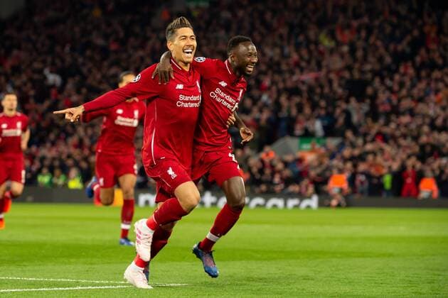 Sport Themen der Woche Sport Bilder des Tages Liverpool, England, 09.04.2019, UEFA Champions League - 2018 19 Season, Round of 8, Viertelfinale Liverpool FC vs. FC Port, Tor zum 1:0, Torschuetze Sadio Mane (LFC) jubelt mit Roberto Firmino (LFC) ( DeFodi053 *** Liverpool England 09 04 2019 UEFA Champions League 2018 19 Season Round of 8 Quarter Finals Liverpool FC vs. FC Port Goal to 1-0 Scorers Sadio Mane LFC cheers with Roberto Firmino LFC DeFodi053