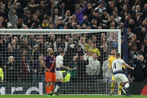 9th April 2019, Tottenham Hotspur Stadium, London, England; UEFA Champions League football, quarter final 1st leg, Tottenham Hotspur versus Manchester City; The penalty from Sergio Aguero of Manchester City is saved by Hugo Lloris (Tot)  ActionPlus12122327 ShaunxBrooks