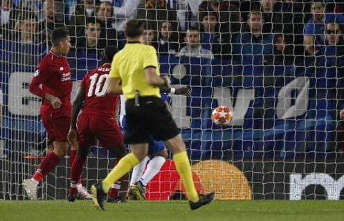 Roberto Firmino of Liverpool scores the second goal during the UEFA Champions League match at Anfield, Liverpool. Picture date: 9th April 2019. Picture credit should read: Andrew Yates Sportimage EDITORIAL USE ONLY. No use with unauthorised audio, video, data, fixture lists, club league logos or live services. Online in-match use limited to 120 images, no video emulation. No use in betting, games or single club league player publications. SPI-0024-0028