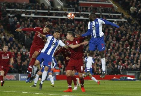 Moussa Marega FC Porto flicks on a corner during the UEFA Champions League match at Anfield, Liverpool. Picture date: 9th April 2019. Picture credit should read: Andrew Yates Sportimage EDITORIAL USE ONLY. No use with unauthorised audio, video, data, fixture lists, club league logos or live services. Online in-match use limited to 120 images, no video emulation. No use in betting, games or single club league player publications. SPI-0024-0029