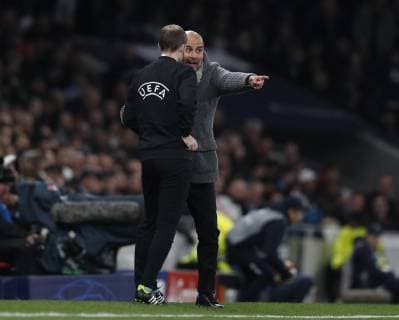 Josep Guardiola manager of Manchester City argues with the fourth official during the UEFA Champions League match at the Tottenham Hotspur Stadium, London. Picture date: 9th April 2019. Picture credit should read: Darren Staples Sportimage EDITORIAL USE ONLY. No use with unauthorised audio, video, data, fixture lists, club league logos or live services. Online in-match use limited to 120 images, no video emulation. No use in betting, games or single club league player publications. SPI-0025-0030