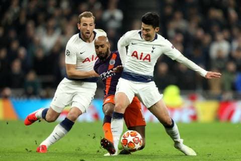 9th April 2019, Tottenham Hotspur Stadium, London, England; UEFA Champions League football, quarter final 1st leg, Tottenham Hotspur versus Manchester City; Son Heung-Min of Tottenham Hotspur tackles Fabian Delph of Manchester City  ActionPlus12122372 ShaunxBrooks