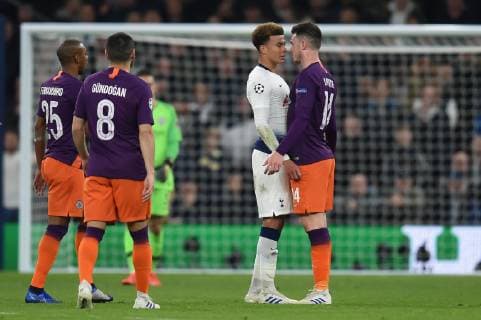 Tottenham Hotspur v Manchester City UEFA Champions League Dele Alli of Tottenham Hotspur and Aymeric Laporte of Manchester City square up during the UEFA Champions League match at the Tottenham Hotspur Stadium, London Content Not Available For UK Newspapers Copyright: xMartynxHaworthx FIL-13108-0026