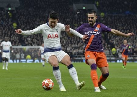 London, United Kingdom, 09.04.2019, UEFA Champions League - 2018 19 Season, Viertelfinale, 1. Runde, Tottenham Hotspur - Manchester City, Son Heung-Min (Tottenham) and Ilkay Gundogan (Manchester City) battle for the ball ( DeFodi056
