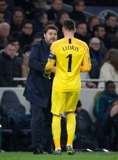 Spurs Manager Mauricio Pochettino & Goalkeeper Hugo Lloris of Spurs during the UEFA Champions League 1st leg match between Tottenham Hotspur and Manchester City at Tottenham Hotspur Stadium, London, England on 9 April 2019. Copyright: xAndyxRowlandx PMI-2743-0006