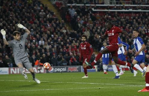 Sadio Mane of Liverpool scores past Iker Casillas of FC Porto but it is disallowed during the UEFA Champions League match at Anfield, Liverpool. Picture date: 9th April 2019. Picture credit should read: Andrew Yates Sportimage EDITORIAL USE ONLY. No use with unauthorised audio, video, data, fixture lists, club league logos or live services. Online in-match use limited to 120 images, no video emulation. No use in betting, games or single club league player publications. SPI-0024-0033