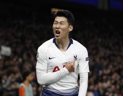 Son Heung-Min of Tottenham celebrates scoring the first goal during the UEFA Champions League match at the Tottenham Hotspur Stadium, London. Picture date: 9th April 2019. Picture credit should read: Darren Staples Sportimage EDITORIAL USE ONLY. No use with unauthorised audio, video, data, fixture lists, club league logos or live services. Online in-match use limited to 120 images, no video emulation. No use in betting, games or single club league player publications. SPI-0025-0064