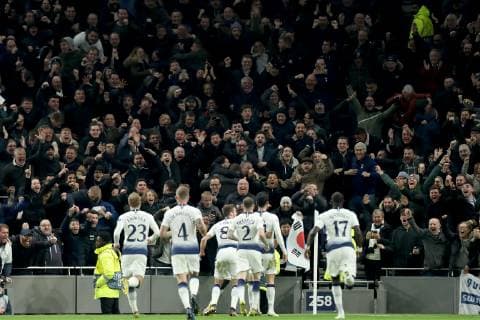 9th April 2019, Tottenham Hotspur Stadium, London, England; UEFA Champions League football, quarter final 1st leg, Tottenham Hotspur versus Manchester City; Son Heung-Min of Tottenham Hotspur celebrates in front of the Tottenham fans as he scores for 1-0 in the 78th minute  ActionPlus12122431 ShaunxBrooks
