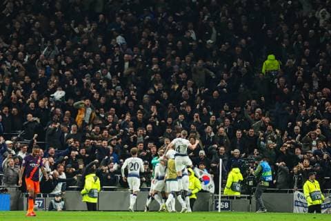 9th April 2019, Tottenham Hotspur Stadium, London, England; UEFA Champions League football, quarter final 1st leg, Tottenham Hotspur versus Manchester City; Son Heung-Min of Tottenham Hotspur celebrates with team mates and Tottenham fans as he scores for 1-0 in the 78th minute  ActionPlus12122432 ShaunxBrooks
