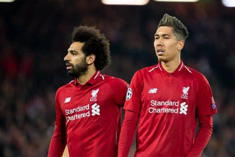 Liverpool, England, 09.04.2019, UEFA Champions League - 2018 19 Season, Round of 8, Viertelfinale Liverpool FC vs. FC Port, Mohamed Salah (LFC) und Roberto Firmino (LFC) schaut ( DeFodi053