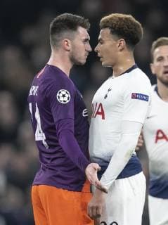 (190410) -- LONDON, April 10, 2019 (Xinhua) -- Tottenham Hotspur s Dele Alli (R) altercates with Manchester City s Aymeric Laporte during the UEFA Champions League Quater Final First Leg match between Tottenham Hotspur and Manchester City at The Tottenham Hotspur Stadium in London, Britain on April 9, 2019. Tottenham Hotspur won 1-0. (Xinhua Han Yan) FOR EDITORIAL USE ONLY. NOT FOR SALE FOR MARKETING OR ADVERTISING CAMPAIGNS. NO USE WITH UNAUTHORIZED AUDIO, VIDEO, DATA, FIXTURE LISTS, CLUB LEAGUE LOGOS OR LIVE SERVICES. ONLINE IN-MATCH USE LIMITED TO 45 IMAGES, NO VIDEO EMULATION. NO USE IN BETTING, GAMES OR SINGLE CLUB LEAGUE PLAYER PUBLICATIONS. (SP)BRITAIN-LONDON-FOOTBALL-CHAMPIONS LEAGUE-QUARTERFINAL-TOT HOTSPUR VS MAN CITY 