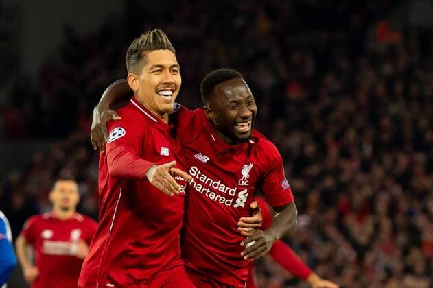 Liverpool, England, 09.04.2019, UEFA Champions League - 2018 19 Season, Round of 8, Viertelfinale Liverpool FC vs. FC Port, Tor zum 1:0, Torschuetze Naby Keita (LFC) jubelt mit Roberto Firmino (LFC) ( DeFodi053