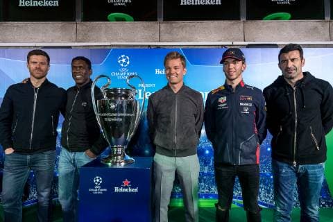 (From left) Xabi Alonso, Clarence Seedorf, David Coulthard, Nico Rosberg and Luis Figo attend the UEFA Champions League Trophy Tour, presented by Heineken, in Shanghai, China, 10 April 2019. UEFA Champions League Trophy Tour ends on a high in Shanghai  bjl8634672