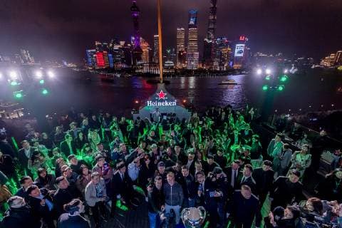 Xabi Alonso, Clarence Seedorf, David Coulthard, Nico Rosberg and Luis Figo take photos with fans during the UEFA Champions League Trophy Tour, presented by Heineken, in Shanghai, China, 10 April 2019. UEFA Champions League Trophy Tour ends on a high in Shanghai  bjl8634675