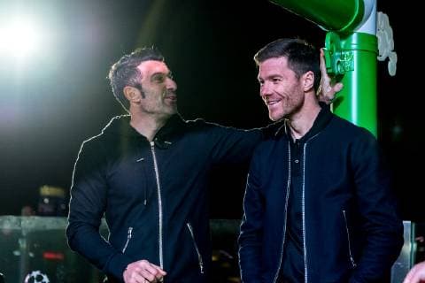 Retired Portuguese football player Luis Figo, left, and Spanish former footballer Xabi Alonso attend the UEFA Champions League Trophy Tour, presented by Heineken, in Shanghai, China, 10 April 2019. UEFA Champions League Trophy Tour ends on a high in Shanghai  bjl8634696