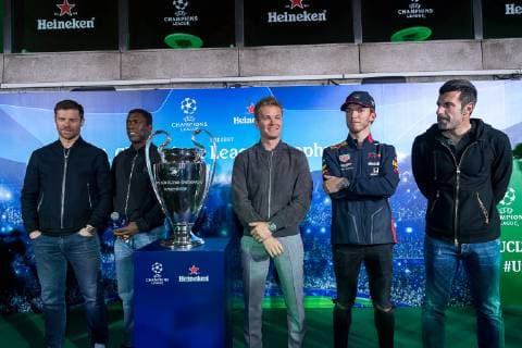 (From left) Xabi Alonso, Clarence Seedorf, David Coulthard, Nico Rosberg and Luis Figo attend the UEFA Champions League Trophy Tour, presented by Heineken, in Shanghai, China, 10 April 2019. UEFA Champions League Trophy Tour ends on a high in Shanghai  bjl8634666