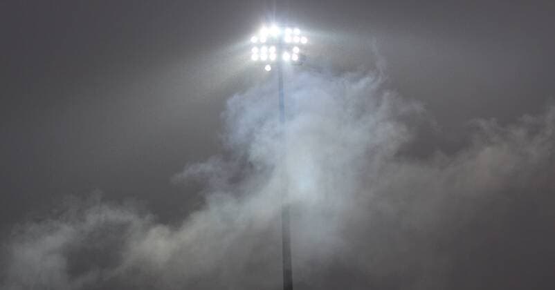 09.04.2019, xklex, Fussball Regionalliga Suedwest, FK Pirmasens - 1.FC Saabruecken emspor, v.l. Nebel der Pyrotechnikaktionen von den Saarbrücker Fans im Framas-Stadion Pirmasens (DFL DFB REGULATIONS PROHIBIT ANY USW OF PHOTOGRAPHS as IMAGE SEQUENCES and or QUASI-VIDEO) Pirmasens