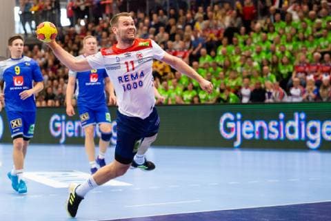 190411 Petter overby of Norway during the EHF EURO Cup match between Norway and Sweden on April 11, 2019 in Arendal. Photo: Fredrik Varfjell BILDBYRAN kod FV 150228 Copyright: FREDRIKxVARFJELL BB190411FV013