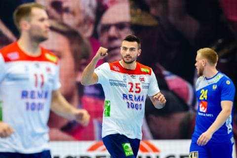 190411 Eivind Tangen of Norway celebrates during the EHF EURO Cup match between Norway and Sweden on April 11, 2019 in Arendal. Photo: Fredrik Varfjell BILDBYRAN kod FV 150228 Copyright: FREDRIKxVARFJELL BB190411FV024