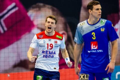 190411 Kristian Bjornsen of Norway celebrates during the EHF EURO Cup match between Norway and Sweden on April 11, 2019 in Arendal. Photo: Fredrik Varfjell BILDBYRAN kod FV 150228 Copyright: FREDRIKxVARFJELL BB190411FV025