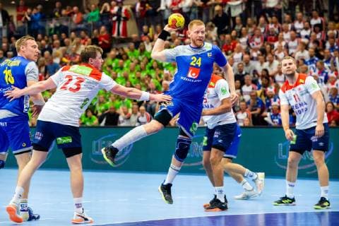 190411 Jim Gottfridsson of Sweden during the EHF EURO Cup match between Norway and Sweden on April 11, 2019 in Arendal. Photo: Fredrik Varfjell BILDBYRAN kod FV 150228 Copyright: FREDRIKxVARFJELL BB190411FV027