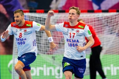 190411 Magnus Jondal of Norway celebrates during the EHF EURO Cup match between Norway and Sweden on April 11, 2019 in Arendal. Photo: Fredrik Varfjell BILDBYRAN kod FV 150228 Copyright: FREDRIKxVARFJELL BB190411FV028
