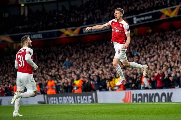 Sport Themen der Woche Sport Bilder des Tages Aaron Ramsey of Arsenal celebrates scoring the opening goal during the UEFA Europa League Quarter Final match between Arsenal and Napoli at the Emirates Stadium, London, England on 11 April 2019. Copyright: xSalvioxCalabresex 23600012