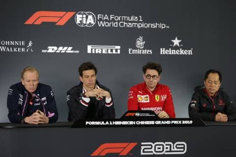 Photo4 LaPresse 12 04 2019 Shanghai, China Grand Prix Formula One China 2019 In the pic: Official Fia press conference PK Pressekonferenz L to R Andrew Green (GBR) Racing Point F1 Team Technical Director, Toto Wolff (GER) Mercedes AMG F1 Shareholder and Executive Director, Mattia Binotto (ITA) Ferrari Team Principal, and Toyoharu Tanabe (JPN) Honda F1 Technical Director  Copyright: xPhoto4 LaPressex