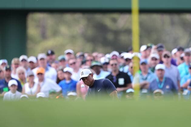 USA s Tiger Woods hits his aproach shot on the 15th hole during the first round of the 2019 Masters golf tournament at the Augusta National Golf Club in Augusta, Georgia, United States of America, on April 11, 2019. Noxthirdxpartyxsales  (101123324)