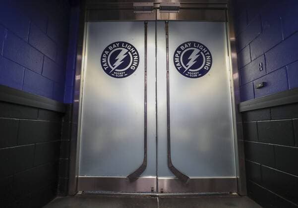 April 12, 2019 - Tampa, Florida, U.S. - DIRK SHADD Times.The doors the the Tampa Bay Lightning locker room is seen just prior to Game 2 against the Columbus Blue Jackets in the first round of the Stanley Cup Playoffs Friday, April 12, 2019 in Tampa. NHL Eishockey Herren USA Playoffs 2019: Lightning vs Blue Jackets - ZUMAs70_ 20190412_zan_s70_008 Copyright: xDirkxShaddx