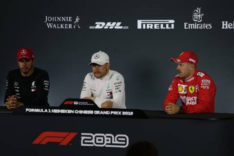 Photo4 LaPresse 13 04 2019 Shanghai, China Grand Prix Formula One China 2019 In the pic: after Qualifying Official Fia press conference PK Pressekonferenz L to R Lewis Hamilton (GBR) Mercedes AMG F1 W10 EQ Power, Valtteri Bottas (FIN) Mercedes AMG F1 W10 EQ Power Sebastian Vettel (GER) Scuderia Ferrari SF90  Copyright: xPhoto4 LaPressex