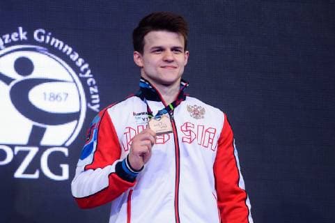 April 13, 2019 - Szczecin, West Pomeranian, Poland - Dmitrii Lankin from Russia seen posing with a bronze medal during the Apparatus Finals of 8th European Championships in Artistic Gymnastics 8th European Championships in Artistic Gymnastics in Szczecin - 13 Apr 2019 - ZUMAs197 90738357st Copyright: xMateuszxSlodkowskix