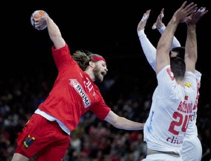 Mikkel Hansen under EM kvalifikationskampen i herrehaandbold mellem Danmark og Montenegro, i Royal Arena loerdag den 13. april 2019.. , Copenhagen Denmark