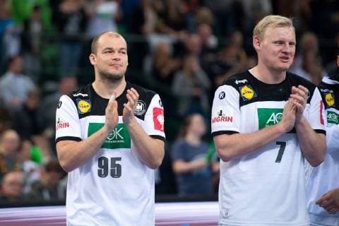 Halle (Westf.), Deutschland 13.04.2019: DHB Qualifikationsspiel - 2018 2019 - Deutschland vs. Polen (L-R) Paul Drux (Deutschland), Patrick Wiencek (Deutschland) Halle (Westf.) Nordrhein-Westfalen Deutschland Gerry-Weber-Stadion