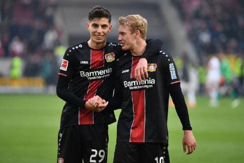 v.li:Kai HAVERTZ (Bayer Leverkusen) und Julian BRANDT (Bayer Leverkusen) nach Spielende, Umarmung,Freude, Aktion. Fussball 1. Bundesliga, 29.Spieltag,Spieltag29, VFB Stuttgart-Bayer Leverkusen 0-1, am 13.04.2019 in Stuttgart Deutschland. MERCEDES BENZ ARENA. DFL REGULATIONS PROHIBIT ANY USE OF PHOTOGRAPHS AS IMAGE SEQUENCES AND OR QUASI-VIDEO. *** v left Kai HAVERTZ Bayer Leverkusen and Julian BRANDT Bayer Leverkusen after end of game Embrace Joy Action Football 1 Bundesliga 29 Matchday Matchday29 VFB Stuttgart Bayer Leverkusen 0 1 on 13 04 2019 in Stuttgart Germany MERCEDES BENZ ARENA DFL REGULATIONS PROHIBIT ANY USE OF PHOTOGRAPHS AS IMAGE SEQUENCES AND OR QUASI VIDEO