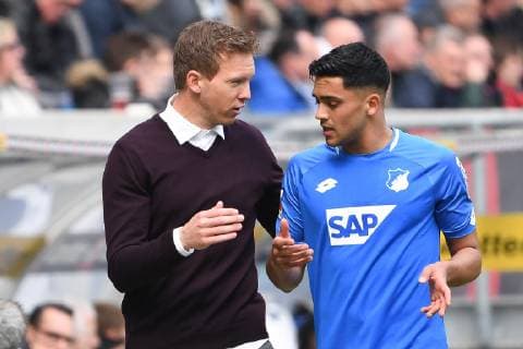 14.04.2019, xmeix, Fussball, 1. Bundesliga, TSG 1899 Hoffenheim - Hertha BSC Berlin, emspor, v.l. Hoffenheims Trainer Julian Nagelsmann (TSG 1899 Hoffenheim) mit Nadiem Amiri (TSG 1899 Hoffenheim) DFL regulations prohibit any use of photographs as image sequences and or quasi-video. Sinsheim
