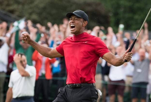 Sport Bilder des Tages Tiger Woods celebrates after winning the 2019 Masters Tournament at Augusta National Golf Club in Augusta, Georgia, on April 14, 2019. Woods won the tournament 13-under-par.  AUG20190414326 KEVINxDIETSCH