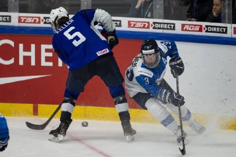 Megan Keller 5, USA, Riikka Sallinen 13, FIN during the IIHF Womens World Championship WM Weltmeisterschaft 2019 Final Game United States - Finland at the Espoo Metro Arena14. April 2019 in Espoo, Finland. (Tomi Hänninen Newspix24)  Copyright: xTomixHänninenx np24thTHnp2404th381382